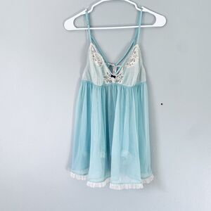 Victorias Secret Chemise Large Light Blue Mint Lace Babydoll Retro Sexy Sheer